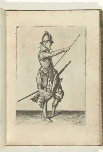 Soldier with an arquebus sliding his right hand to the end of his ramrod (no. 28), ca. 1600.
