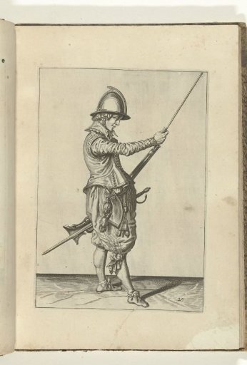 Soldier sliding his ramrod into the holder under the barrel of his arquebus (no. 29), ca. 1600.