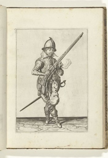Soldier on guard holding his arquebus diagonally upward with his right hand, while letting the barrel fall in his left hand (no. 35), ca. 1600