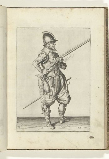 Soldier on guard holding his arquebus diagonally upward at his right side, finger on the trigger (no. 36), ca. 1600