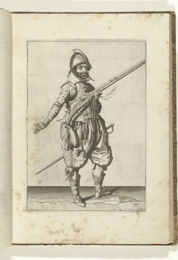 Soldier on guard holding his arquebus diagonally upward at his right side with his left hand, his right hand extended (no. 37), ca. 1600