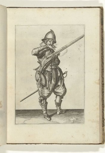Soldier on guard with an arquebus bringing the match to his mouth to blow it clean (no. 39), ca. 1600