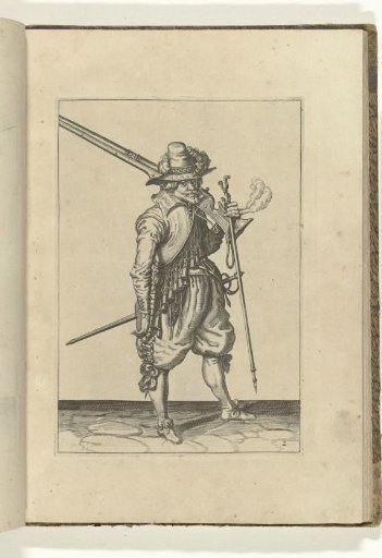 Soldier carrying his musket on his left shoulder and holding his fork in his left hand (no. 2), ca. 1600
