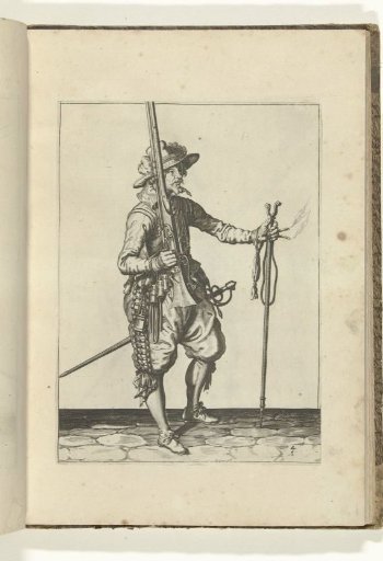 Soldier holding his musket upright with his right hand, holding the fork in his left hand to place his weapon (no. 4), ca. 1600