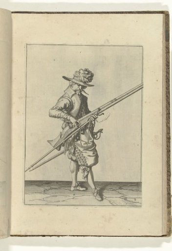 Soldier giving the match the correct position and shape on the cock of his musket (no. 9), ca. 1600