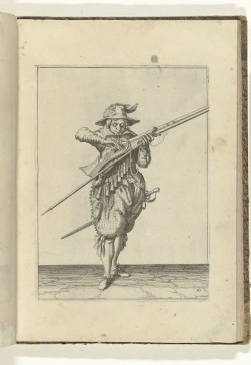 Soldier blowing the match clean while covering the pan of his musket with two fingers against sparks (no. 10), ca. 1600