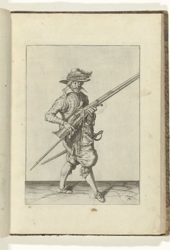Soldier holding his musket diagonally upward with his left hand, while pulling his fork from under the barrel (no. 13), ca. 1600