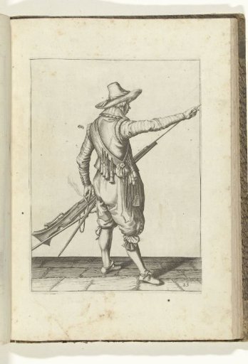 Soldier taking his ramrod from the holder under the barrel of his musket (no. 25), ca. 1600