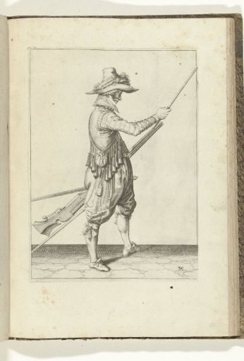 Soldier sliding his ramrod into the holder under the barrel of his musket (no. 30), ca. 1600