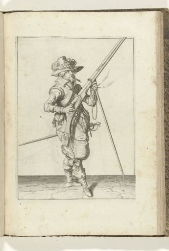 Soldier on guard holding his musket diagonally upward with his right hand, while placing the barrel on his fork with his left hand (no. 36), ca. 1600