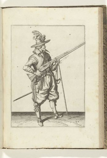 Soldier on guard holding his musket diagonally upward at his right side, finger on the trigger (no. 37), ca. 1600