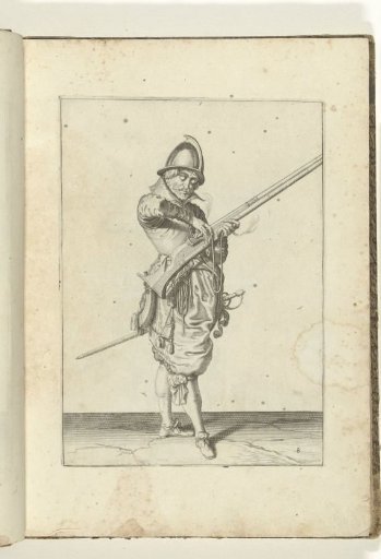 Soldier adjusting the match on the cock of his arquebus to the correct position and shape (no. 8), ca. 1600.