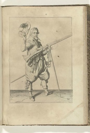 Soldier on guard holding his musket diagonally upward at his right side with his left hand, while removing his hat with his right hand (no. 38), ca. 1600