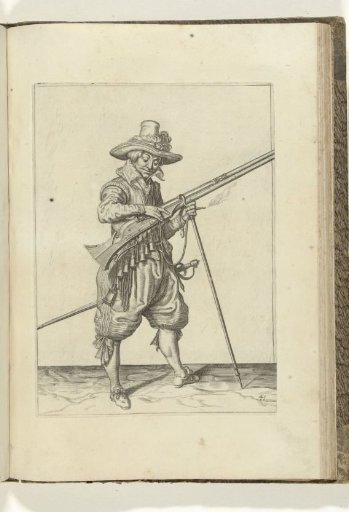 Soldier on guard pressing the match to the cock of his musket (no. 41), ca. 1600