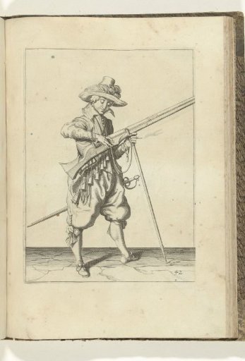 Soldier on guard shaping the match on the cock of his musket (no. 42), ca. 1600
