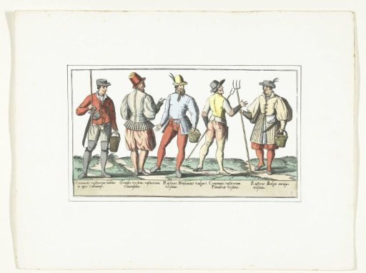 Four Peasants Dressed According to Current Fashion and One in Old Fashion, ca. 1580