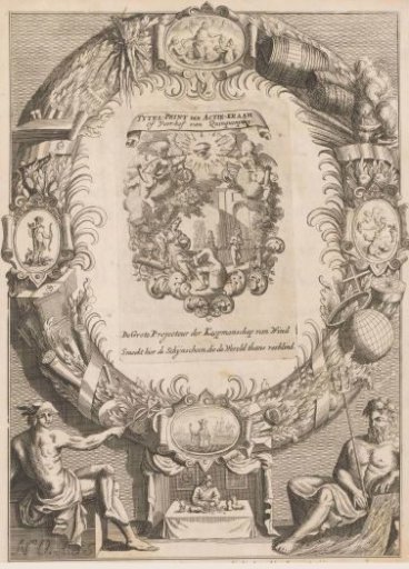 Title page with the Actiekraam or the Courtyard of Quinquenpoix, 1720