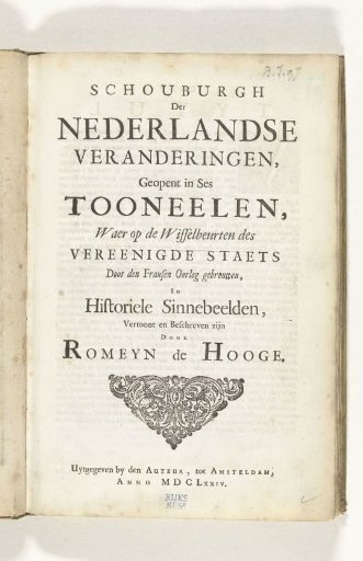 Title page for the Schouburgh der Nederlandse veranderingen, opened in six scenes, 1674