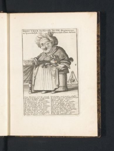 A little man as an old woman with a small dog on her arm, 1720