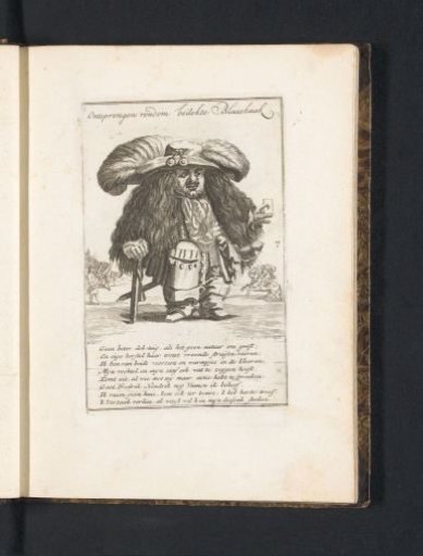 A little man as an officer with a large feathered hat and a playing card in his hand, 1720