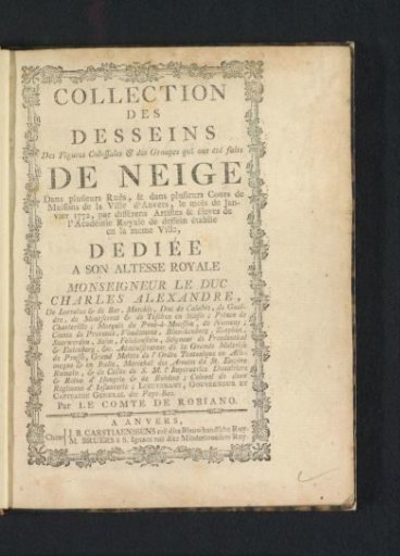 Title page for: Comte de Robiano, Collection des desseins des figures colossales (...) de Neige, 1772