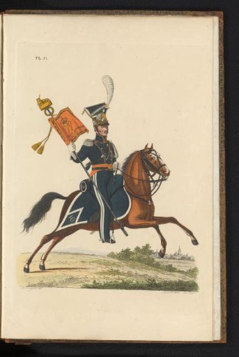 Cornet of the Lancers, in full dress, on horseback, with the standard