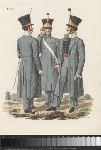 Two Officers (of the National Infantry), in uniform with the frock coat, and Corporal, in uniform with the cap