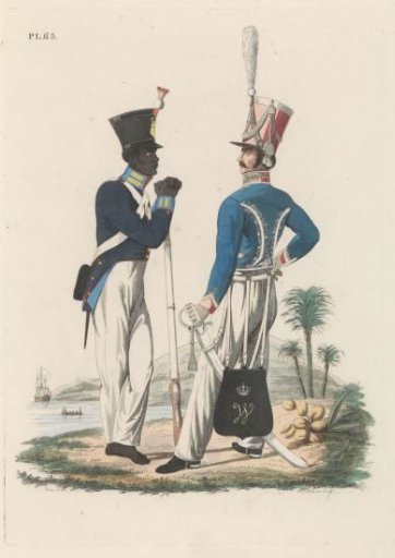 Hussar on foot, Regiment no. 7, and Infantryman (Indigenous). Troops in the East Indies