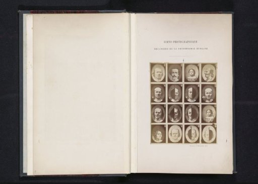 Overview of subjects with various facial expressions: 'un vieillard', 'un jeune homme', 'une petite fille' and 'une femme âgée de cinquante-deux'