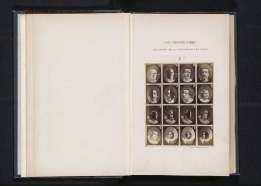 Overview of subjects with various facial expressions: 'un vieillard', 'un jeune homme', 'une femme âgée de cinquante-deux' and 'une petite fille'