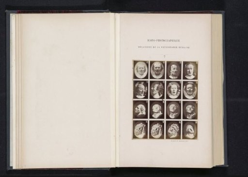 Overview of a subject with various facial expressions and of statues: 'un vieillard', 'l'Arrotino', 'Laocoon de Rome', 'Laocoon de Bruxelles' and 'Niobé'