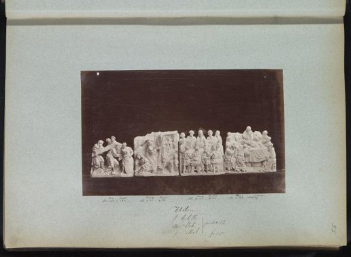 Four plaster casts of sculptures with religious scenes, presumably from a church in Uden, North Brabant