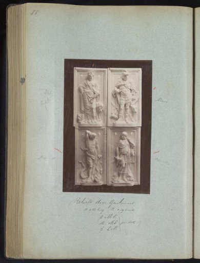 Four plaster casts of reliefs by Quellinus, probably depicting Cybele, Mars, Diana, and Apollo