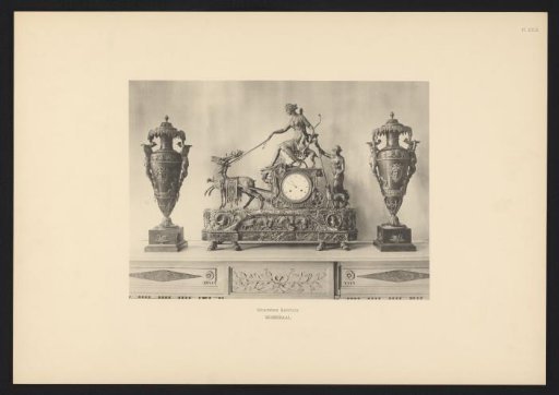 Clock and two decorative vases on the fireplace mantel in the Moses Hall, Palace on the Dam, Amsterdam