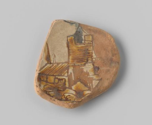 Fragment (foot) with yellow-red sherd, in sgraffito drawing with ochre-coloured glaze a building