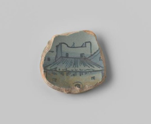 Fragment (foot) with soft pink sherd, in opaque blue glaze a building