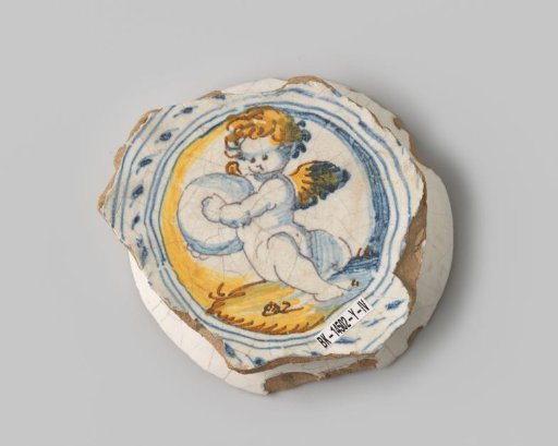 Sherd with foot, of red-firing earthenware, decorated on the inside and outside with white glaze, with an amor holding a ball painted on the upper part in yellow, blue, and brown glaze
