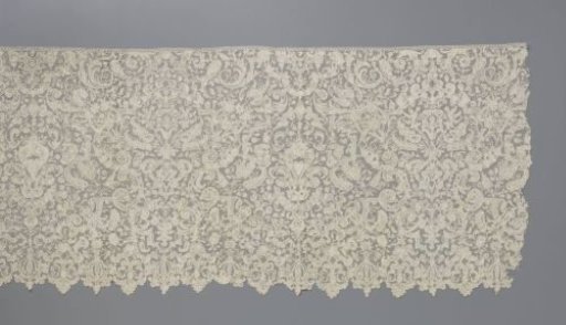 Alabaster strip of needle lace with hearts, goblets and baldachins
