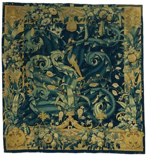 Large-leafed verdure with birds and snails