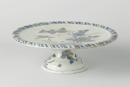 Cake dish, round on a foot, multicolored painted with flowers and a flying bird