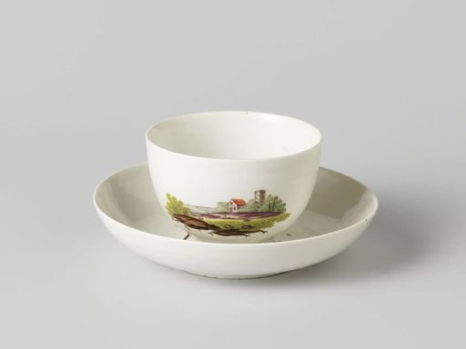 Cup and saucer with polychrome landscape