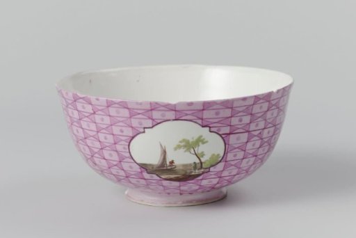 Washbasin, polychrome painted with a landscape in a medallion cut out in a geometric pattern