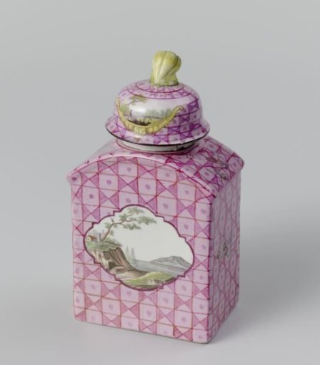 Tea caddy with a multicoloured landscape in a medallion cut out in a geometric pattern