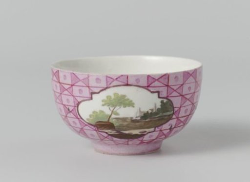 Cup with a multicoloured landscape in a medallion cut out in a geometric pattern