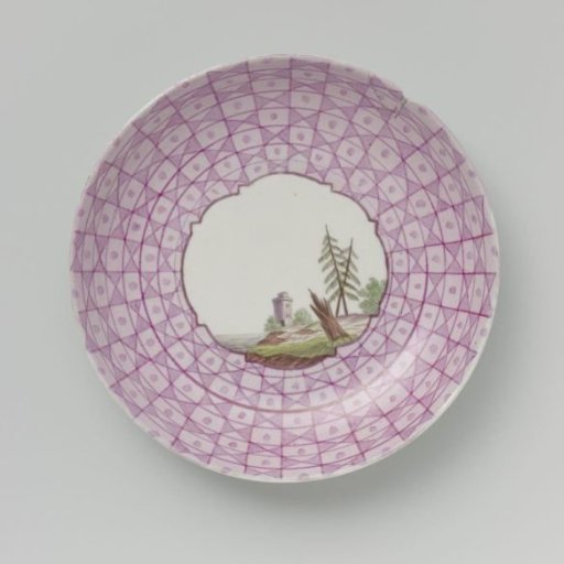 Dish with a multicoloured landscape in a medallion cut out in a geometric pattern