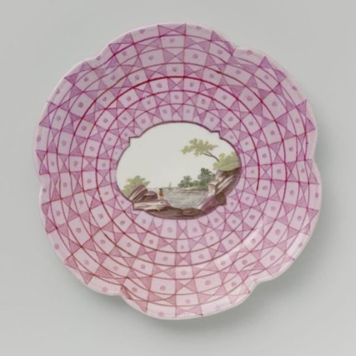 Bowl with a multicoloured landscape in a medallion cut out in a geometric pattern