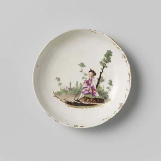 Saucer, multicolored painted with a man in a landscape