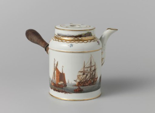 Chocolate pot with wooden handle, painted with a river view with ships
