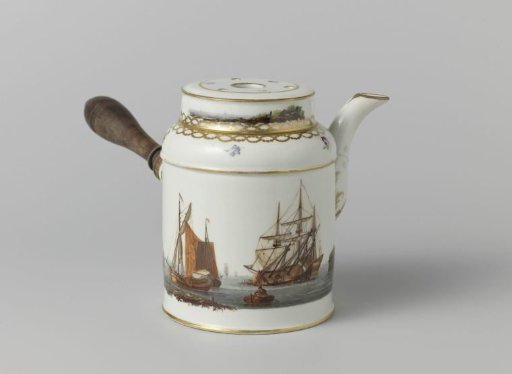Chocolate Pot with Wooden Handle, Painted with a River View with Ships