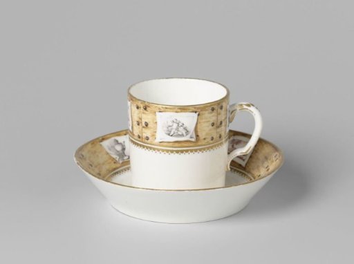 Cup, painted with panels on which prints are attached